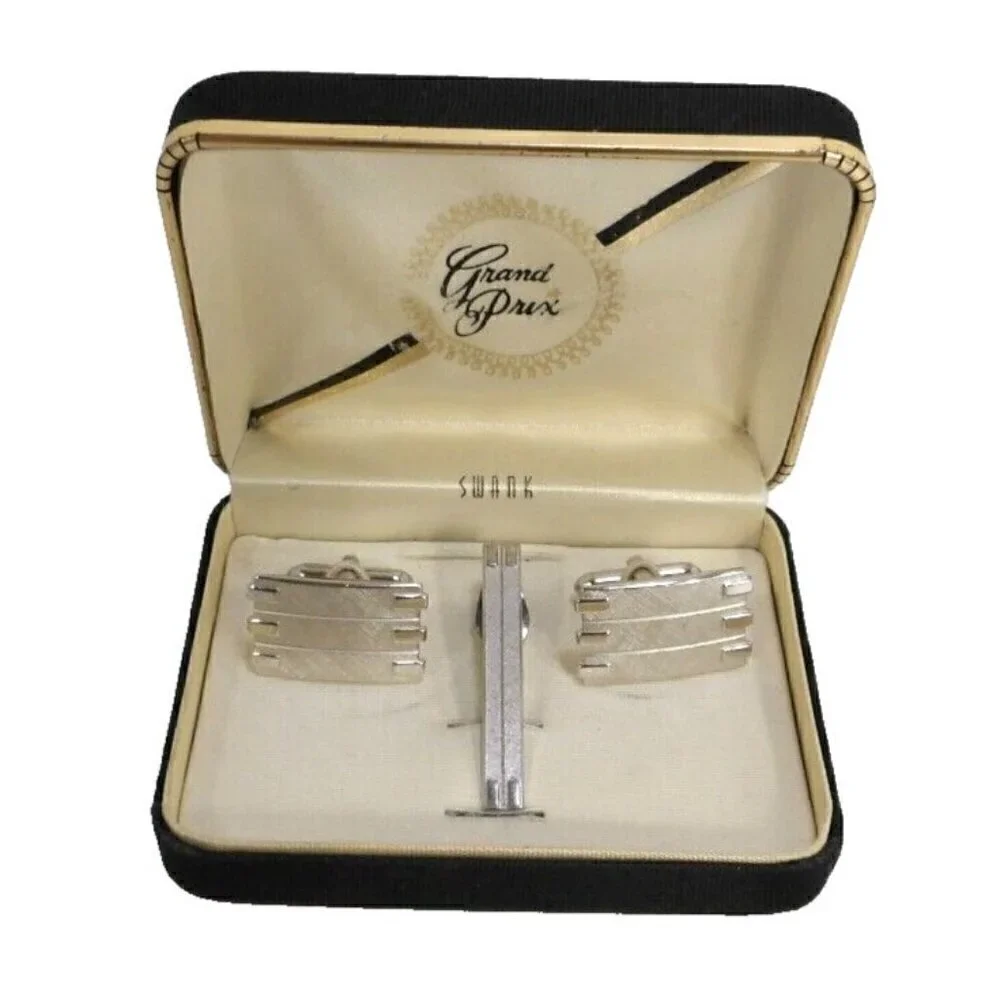 SWANK vintage silver tone cufflinks approx 3/4 x 1 inch & matching tie clip